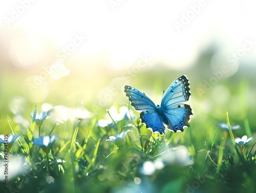 A blue butterfly is flying in a field of flowers