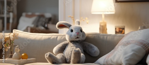 A fawncolored stuffed rabbit with a smiling snout is placed on a wooden couch in an artfully decorated living room, serving as a charming terrestrial animal toy