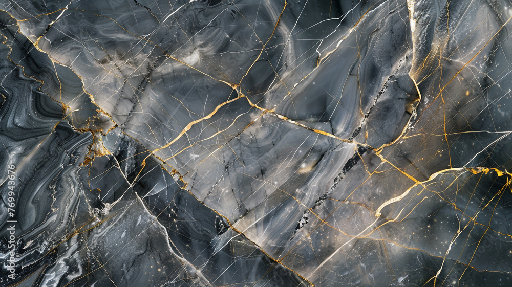An abstract composition focusing on the natural patterns of dark gray marble with gold 