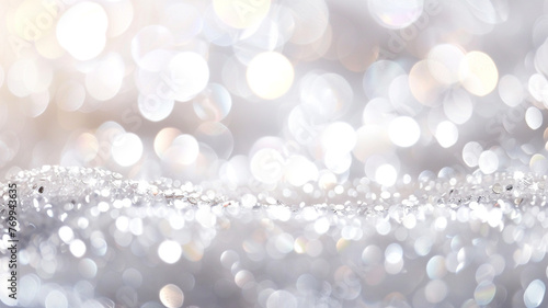 An abstract, defocused background in a luminous pearl white, with subtle, shimmering silver bokeh lights, evoking a sense of pure elegance and sophistication.