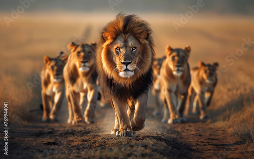 Embracing leadership: the regal journey of a majestic lion leading his pride
