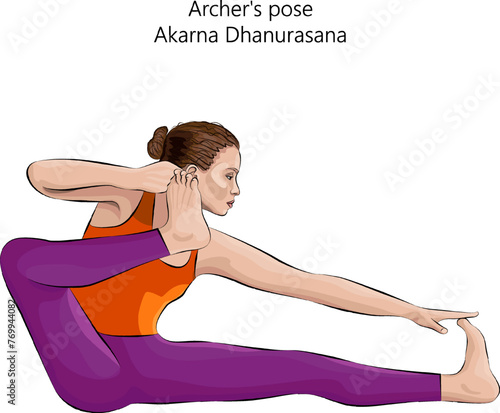 Young woman doing yoga Akarna Dhanurasana. Archer s pose. Bow and Arrow pose or Shooting Bow pose. Isolated vector illustration.