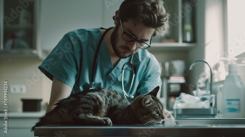 A vet in eyewear is examining a cat on a table in a clinic building. 