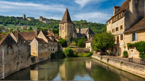 Beynac street view with old medieval buildings and a view over the river dordogne © Hanna Ohnivenko