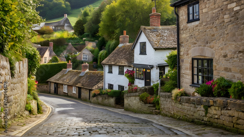 A row of cottages on a steep cobbled street at Gold Hill in Shaftesbury, Dorset, United Kingdom, England. Great Britain photo