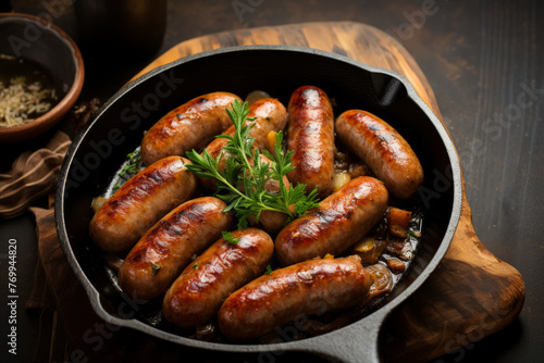 Pork or beef sausage cooked with onion in cast iron pan
