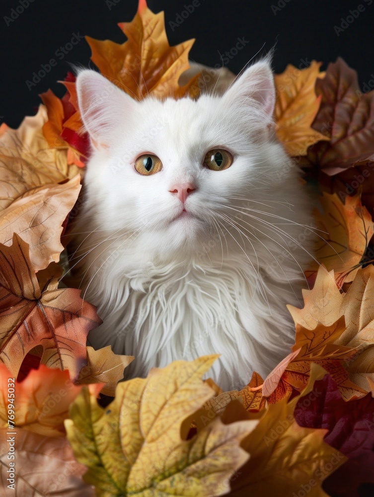 A fluffy white cat surrounded by colorful autumn leaves