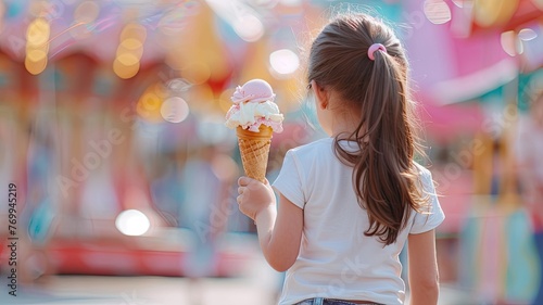 a female child, dressed in a white t-shirt and jean shorts, seen from a close-up back view, strolling through an amusement park on a sunny day, gleefully holding an ice cream cone.