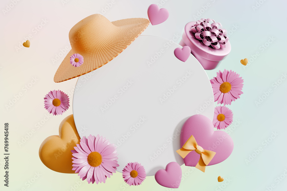 Obraz premium Mothers Day. White empty circle surrounded by holiday symbols. 3D rendering