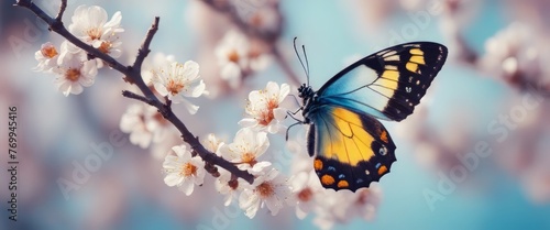 Beautiful blue yellow butterfly in flight and branch of flowering apricot tree in spring at Sunrise