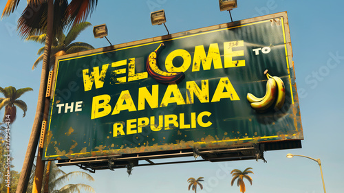 BANANA REPUBLIC WELCOME ROAD SIGN, Satirical, Satire, Ironic, Humorous, Funny. Notice the broken lamps on the sign while in the distance a lamp is lit uselessly during the day where it is not needed photo