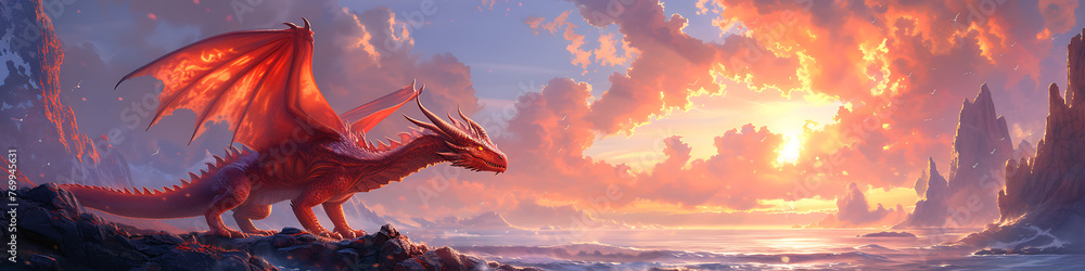 Wide image of dragon near ocean. Wide image of dragon near ocean.