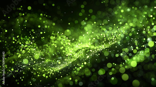 A burst of lime green particles against the darkness, each dot a flash of light bringing vibrancy and life. 