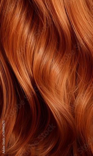 Extreme close-up shot of hair texture  with slight curves brown with copper highlights 
