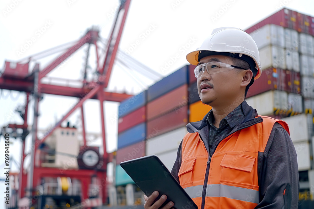 Logistics Professional Analyzing Data on Tablet at Commercial Shipping Dock Logistics Professional Analyzing Data on Tablet at Commercial Shipping Dock