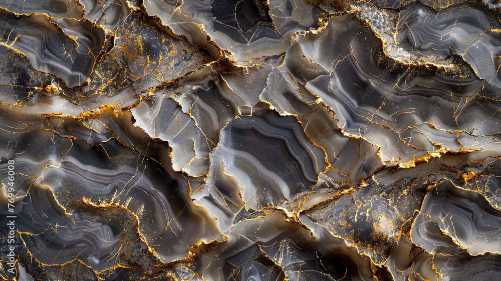 A close-up of a piece of dark gray marble, showing off its gold and white patterns that mimic natural landscapes. 