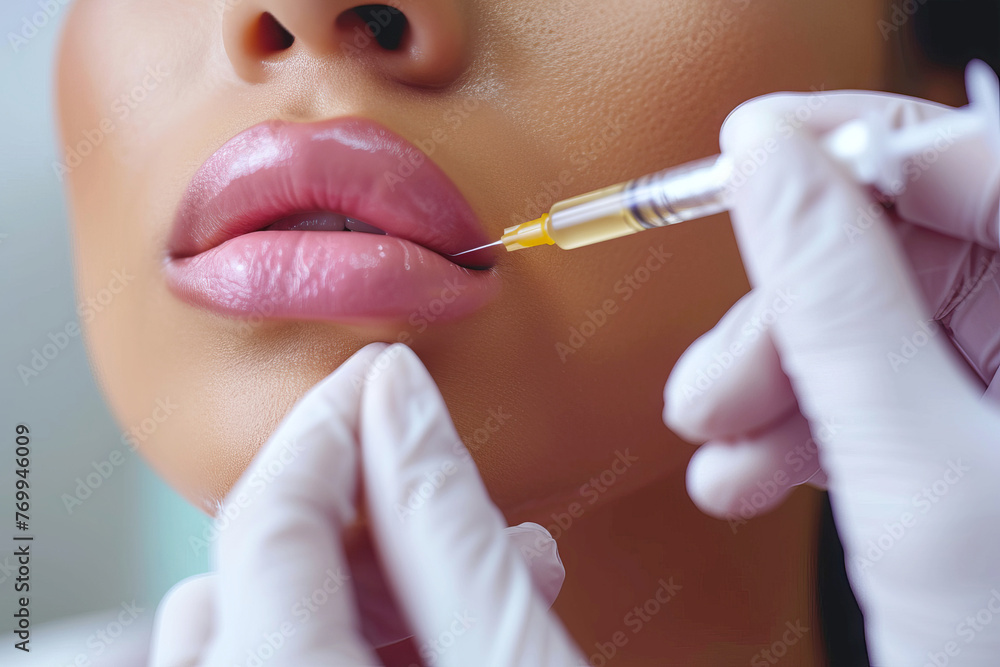 Close Up of Aesthetic Procedure with Lip Filler Injection on Woman Close Up of Aesthetic Procedure with Lip Filler Injection on Woman