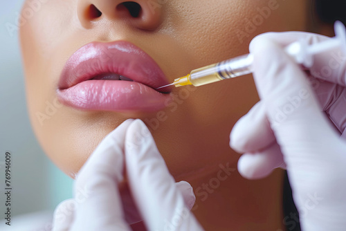 Close Up of Aesthetic Procedure with Lip Filler Injection on Woman