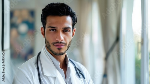 Arab man doctor in a white coat with a sweet smile against the background of a hospital ward. The concept of modern medicine, health.