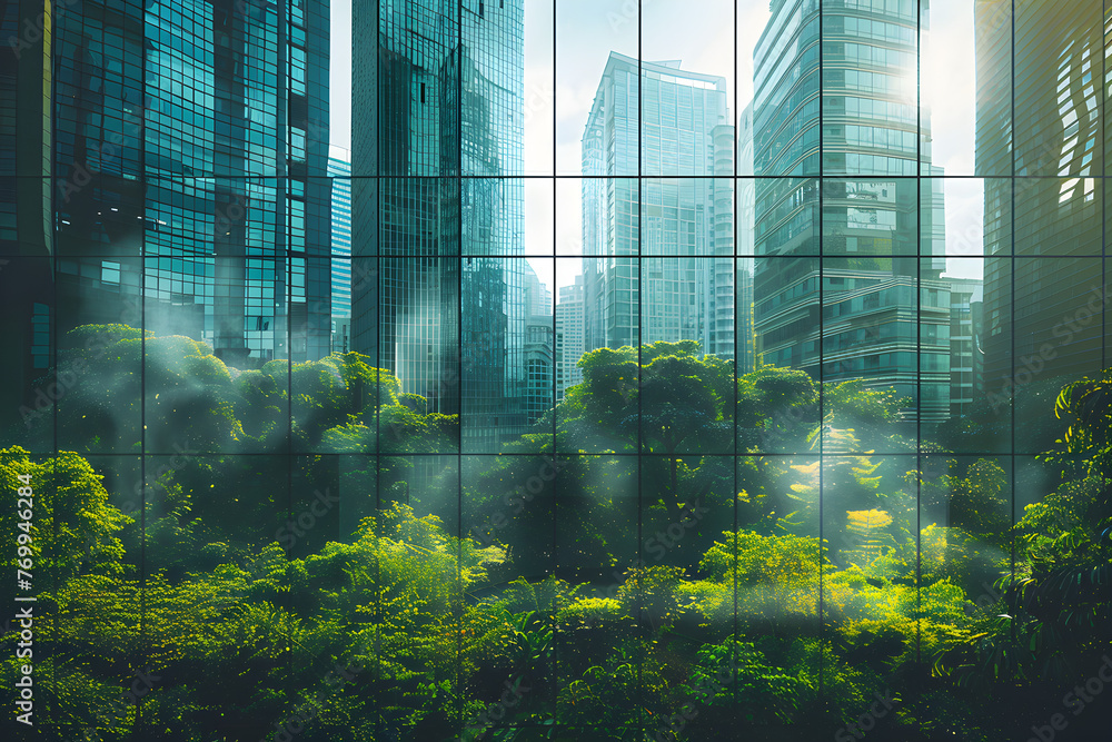 Obraz premium Double exposure of lush green forest and modern skyscrapers windows of building, representing the concept of a green city.