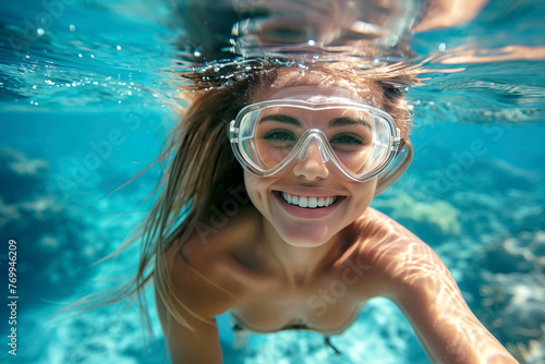 Underwater Portrait of a Joyful Woman Snorkeling in Clear Tropical Waters and smiling at camera © Renata Hamuda