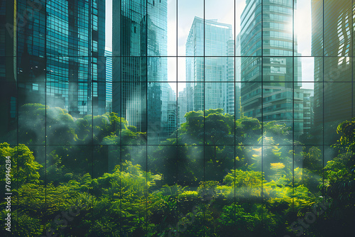 Double exposure of lush green forest and modern skyscrapers windows of building, representing the concept of a green city.