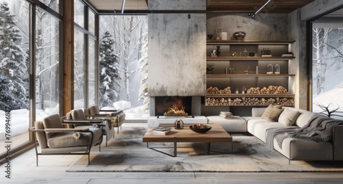 A living room with a fireplace, sofa and armchairs in a light wood color. Winter atmosphere 