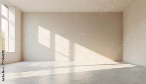 abstract minimalistic background for product presentation walls in large empty room greyish white can full of sunlight loft wall or minimalist wall shadow light from windows to plaster wall