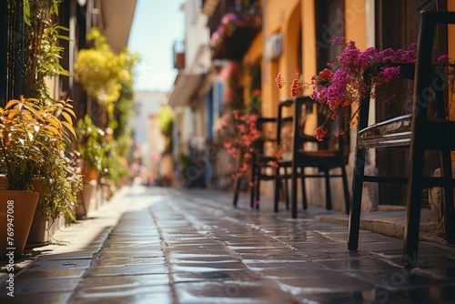 narrow street decorated with flowers photo