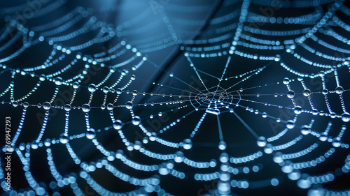A high-definition image of a digital spider web, symbolizing the internet and global connectivity, with dew-like data nodes at the junctions.
