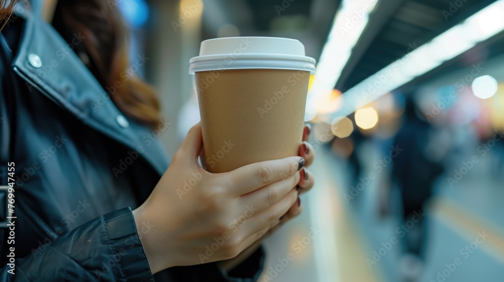 Close up woman going to work drinking coffee at subway station, generative ai Close up woman going to work drinking coffee at subway station, generative ai