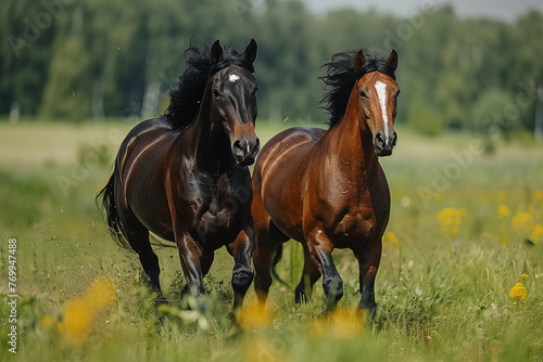 two horses, one black and one brown run through a green meadow