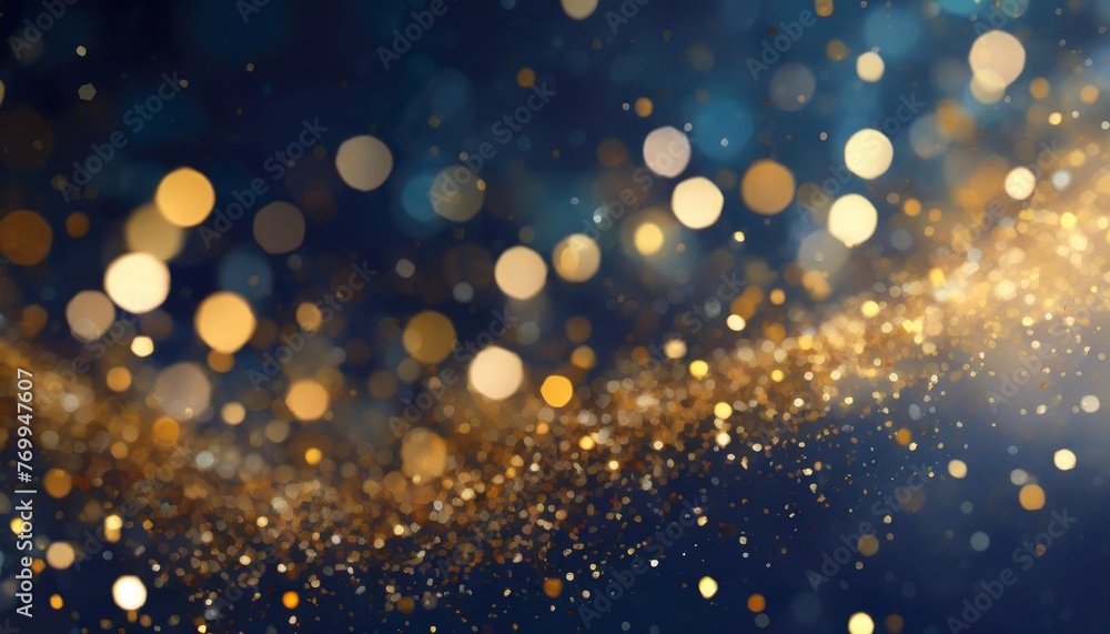 abstract wallpaper background with dark blue and gold particle christmas golden light shine particles bokeh on navy blue background gold foil texture