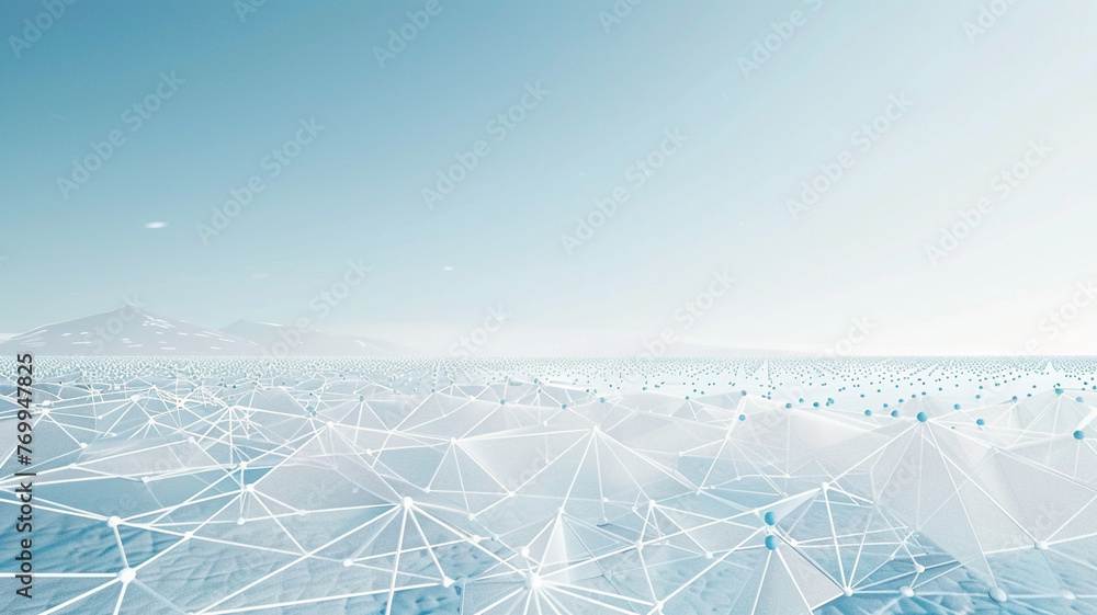 A minimalist abstract panorama with icy blue dots linked by pure white triangles, giving off a frozen, crystalline vibe against a clear winter sky. 