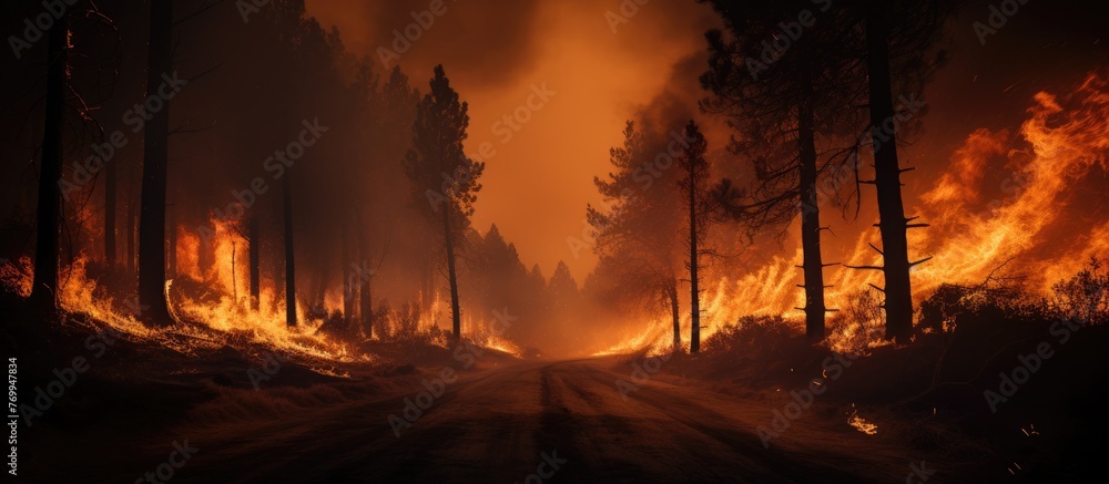 A raging fire is rapidly spreading through a dense forest filled with trees, consuming everything in its path. The flames are intense and destructive, leaving a trail of devastation behind.