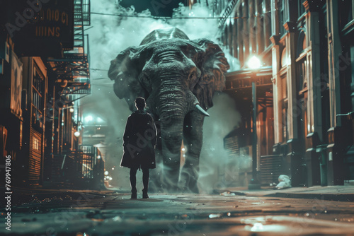 A person stands in front of a huge elephant in a city street photo