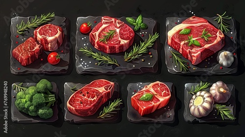 Illustrate an appetizing arrangement of different Meat cuts