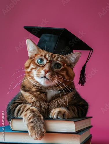 A scholarly orange tabby cat wearing a graduation cap perches atop a stack of books against a pink background