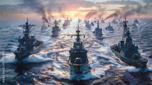 naval strength with a multitude of ships, showcasing the might of armed naval forces in an ultra-realistic depiction teeming with vibrant colors. photo
