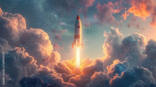 Rocket ship soaring through fluffy clouds with a trail of stardust behind it