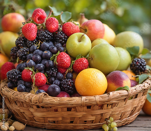 Mixed Berry Various fruits in a basket on a wooden table