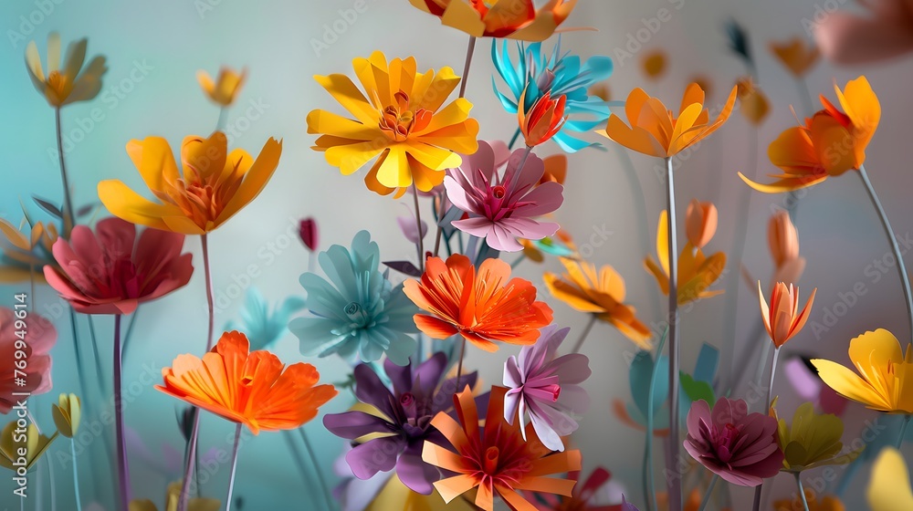 A colorful bouquet with a blue and yellow flower in the middle. The flowers are arranged in a way that they look like they are in a field. The scene is cheerful and bright A colorful bouquet with a blue and yellow flower in the middle. The flowers are arranged in a way that they look like they are in a field. The scene is cheerful and bright