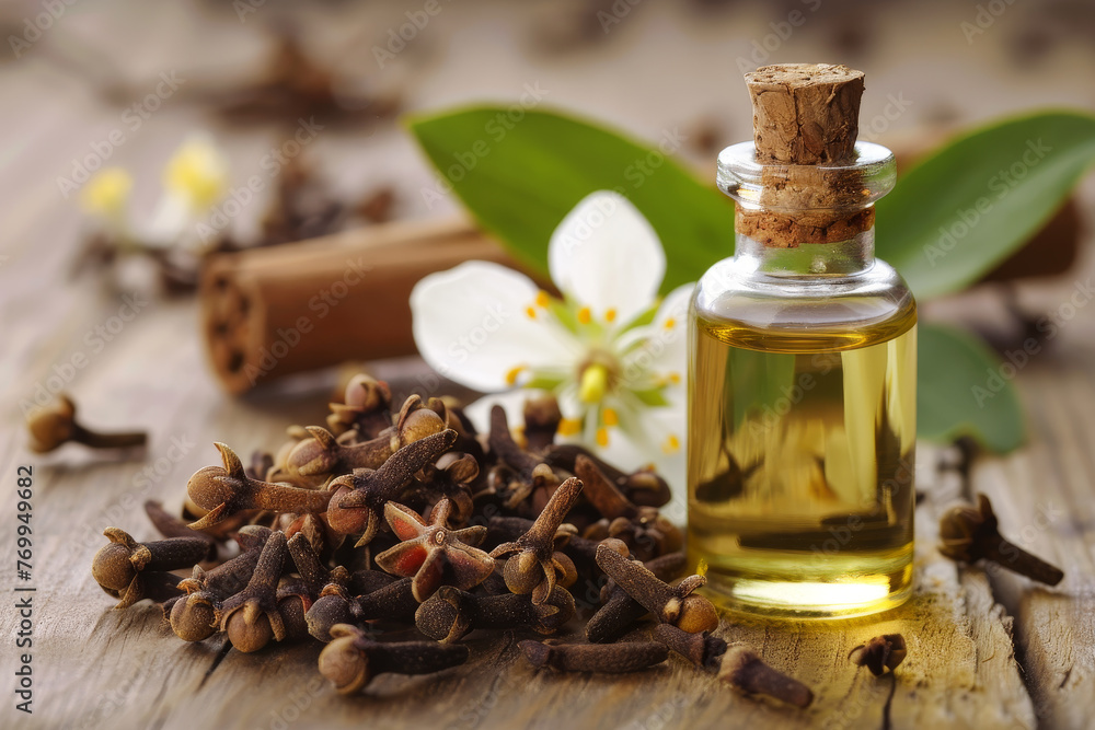 A bottle of oil sits on a wooden table next to some cinnamon and a flower A bottle of oil sits on a wooden table next to some cinnamon and a flower