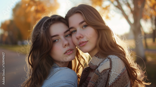 Two young women embracing in autumn sunlight