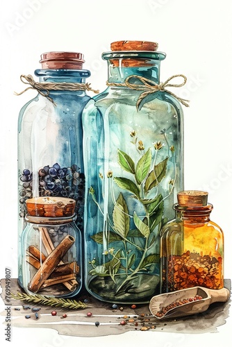 Glass jar and bottles, watercolor illustration with color pencil, pantry items clipart, isolated on white