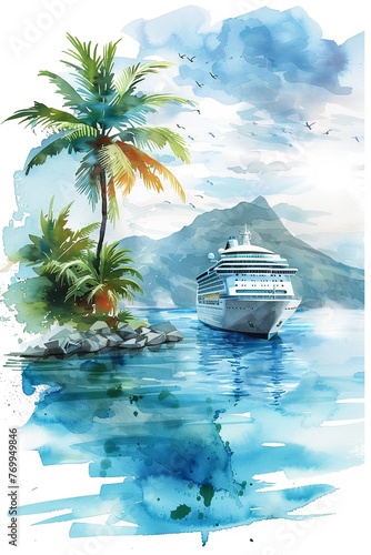 Cartoon cruise ship near a tropical island, watercolor sea vacation scene, leisure travel clipart, isolated on white