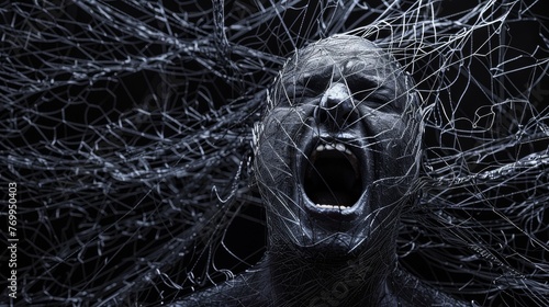  Screaming man face closed eyes completely wrapped in black cobweb. © Karo