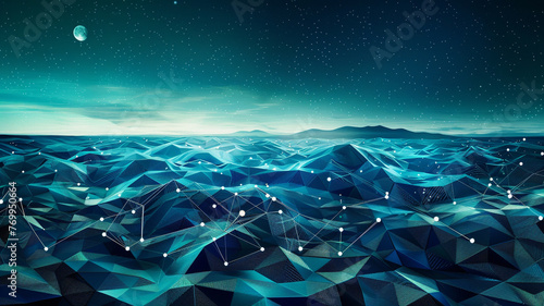 A tranquil abstract panorama with aqua dots and navy blue triangles interconnecting, reminiscent of a digital ocean with waves made of light and geometry, under a moonlit sky. photo