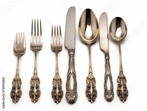 photorealistic traditional gold cutlery with ornate unique designs on white background with realistic reflections and lighting