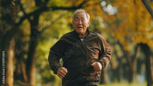 a senior man in a close-up shot, running happily amidst the serene beauty of a park.